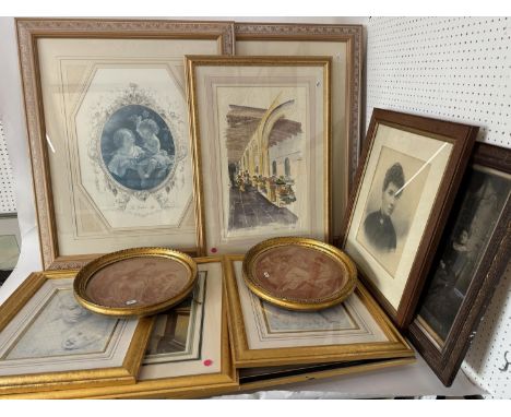 A group of fourteen decorative framed works, to include: Alverin Roger - watercolour market scene (1991), 75 x 54 cm; togethe