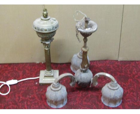 An Art Deco three branch ceiling light with original glass shades together with a Victorian brass column oil lamp (later conv