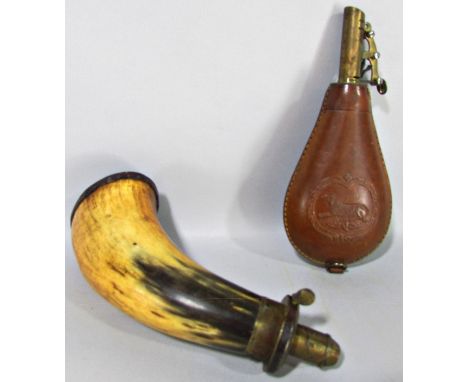 An 18th century cow horn powder horn with a brass sprung dispenser and leather capped base, 19cm high, together with a tooled
