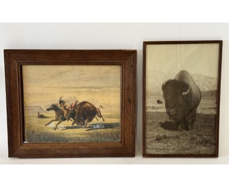 Buffalo Hunt Chase (19th Century), watercolour on paper depicting an American Indian on horseback hunting a buffalo with a bo