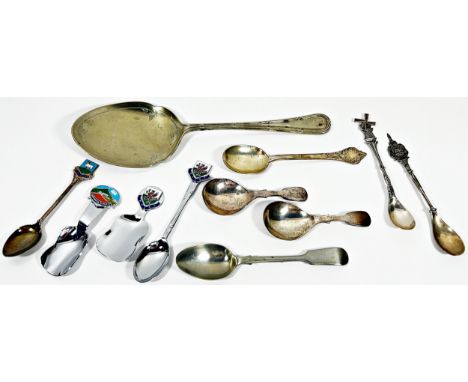 Four cased silver FH spoons, a pair of silver tea caddy spoons, together with some silver plated souvenir spoons and silver p