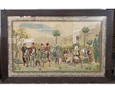 A large medieval style 20th century wool work, depicting a hunting scene with a floral border, frame dimensions: 135 x 90 cm,