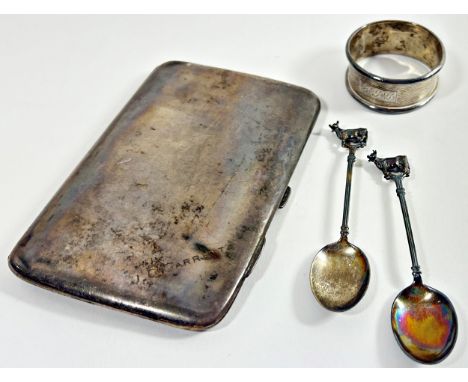 Silver cigarette case, napkin ring, two spoons with cows, 9ct back and front tie pin and a set of cufflinks and dress studs, 