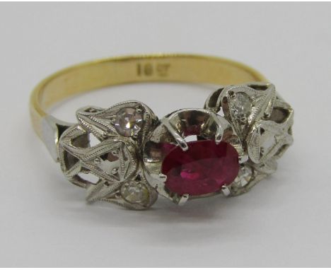 Vintage 18ct oval claw set topaz and diamond cocktail ring with raised setting, size S, 4.6g