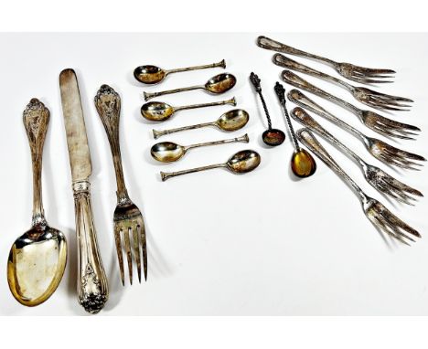 A cased christening set of silver knife, fork and spoon, bearing the recipients initials, London 1869, maker HJ Lias &amp; So