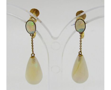 Pair of Edwardian 9ct opal drop earrings with screw fastenings, 3cm L approx, 2.7g