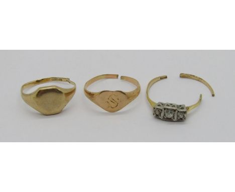 Three gold rings (all af) comprising an 18k signet ring, 1.2g, a 9ct signet ring, 2.8g and an 18ct three stone diamond ring, 