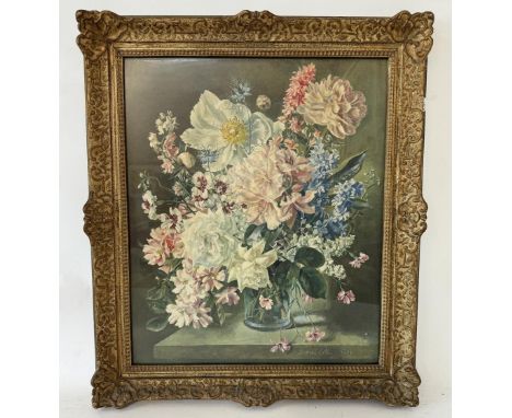 After Lionel Ellis - Still life with vase of flowers, vintage reproduction print in colours, frame dimensions: 74 x 64 cm, in