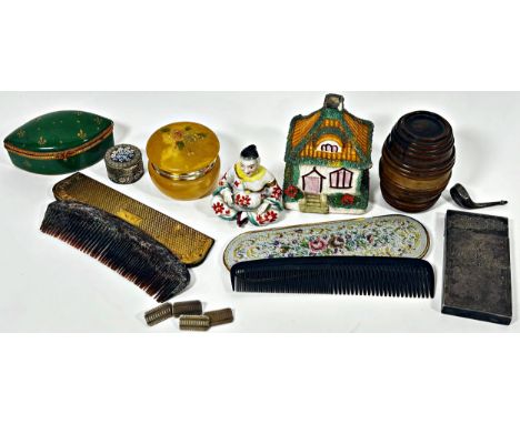 Mixed items - 19th century silver plated card case, olive wood barrel, ceramic oriental character boxes, etc