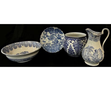 A Delft blue and white jardinière, late 19th century Japanese plate with floral detail, a Victorian ewer and basin
