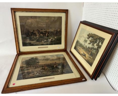 Six Hunting Prints - A pair of hand-coloured lithographs titled: 'The Course' and 'The Death', 75 x 61 cm, both glazed in bir