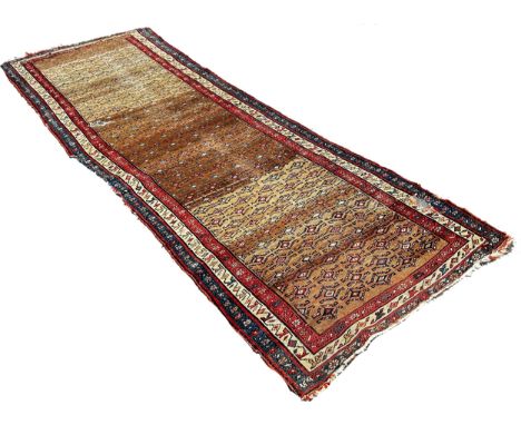 A Shirvan type runner with repeating rows zig-zag designs 340cm x 110cm approximately ( As found) 