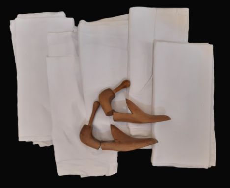 5 vintage white linen sheets together with&nbsp; a pair of wooden shoe lasts