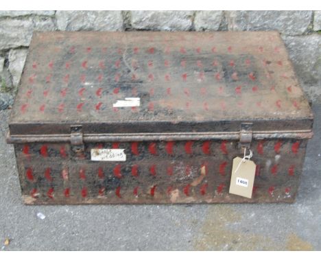 A vintage japanned steel trunk possibly ex military, 29cm high x 77cm x 49cm (af)