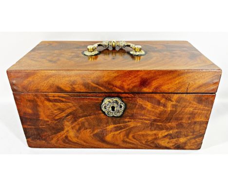 A Regency mahogany tea caddy, with two mahogany caddies and glass mixing bowl, 30cm wide.