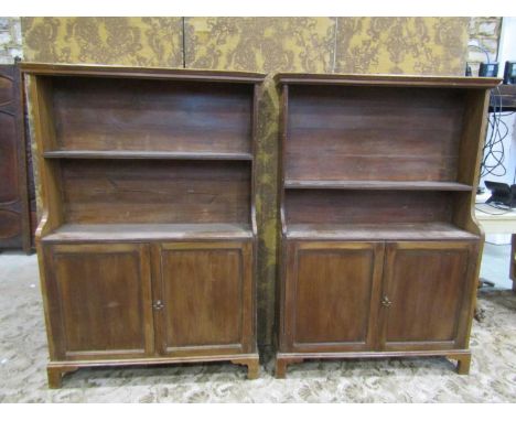 A pair of Edwardian walnut dwarf side cupboards in the Georgian style each partially enclosed by a pair of rectangular moulde