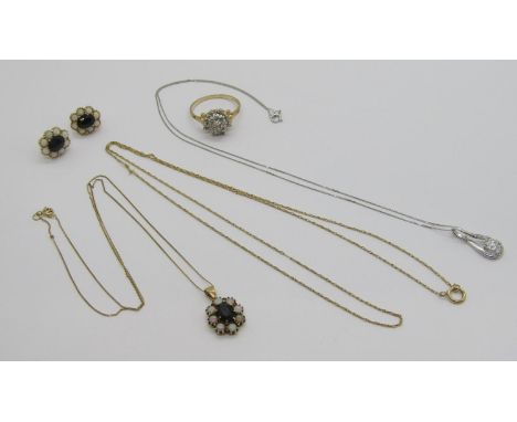 Collection of 9ct jewellery to include a diamond cluster dress ring, size Q/R, a sapphire and opal cluster pendant necklace w