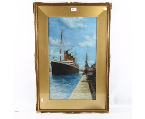 After Norman Wilkinson, oil on canvas, RMS Titanic in harbour, 61cm x 36cm, framed 
