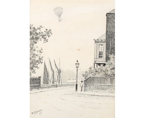 Walter Greaves (1846 - 1930), pen and ink drawing, Chelsea Docks, signed and dated '67, 32cm x 23cm, framed, provenance: The 