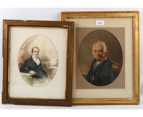 19th century watercolour portrait of Admiral William Young, unsigned, 27cm x 21cm, and 19th century watercolour, portrait of 