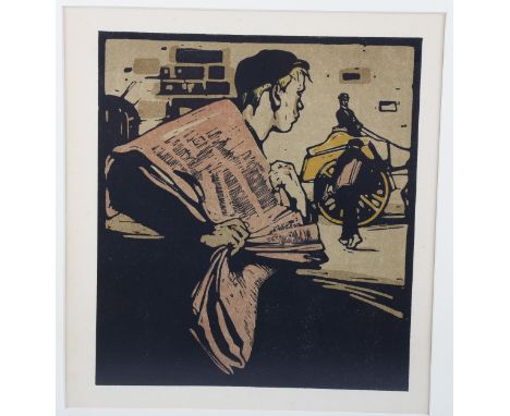William Nicholson (1872-1949), lithograph in colours on paper, Newsboy from London Types, 1898, 25.2cm x 22.6cm, mounted, fra