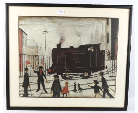 L S Lowry, colour print, level crossing, signed in pencil, image 46cm x 55cm, framed, together with a letter from Observer Ar