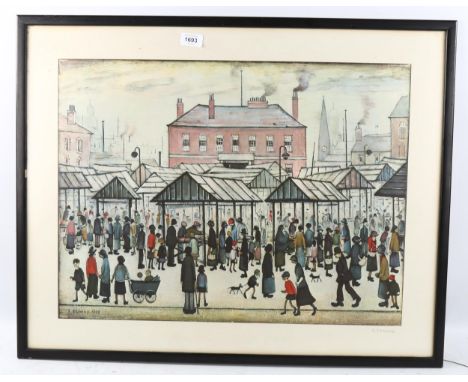 L S Lowry, colour print, market scene, signed in pencil, image 46cm x 55cm, framed, together with a letter from Observer Art 