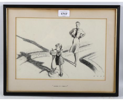 Mavs, original pen and ink illustration, Does it tick?, signed, 20cm x  30cm, framed 