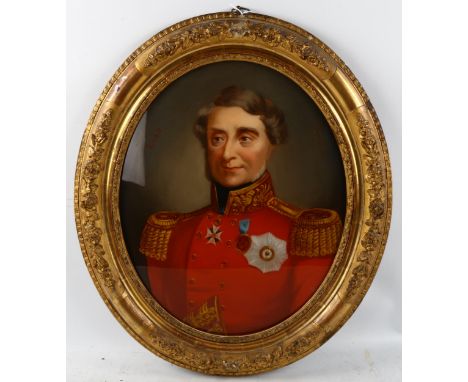 19th century reverse painting behind convex glass, portrait of Lord Raglan, unsigned, in original oval relief moulded gesso f