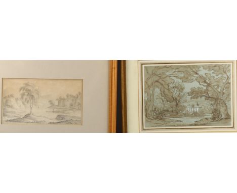 19th century ink and wash view towards a country house, indistinct inscription dated 1851, together with a pencil landscape s