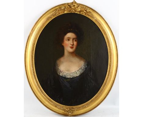 19th century oval oil on canvas, portrait of a woman, unsigned, 48cm x 39cm, framed 