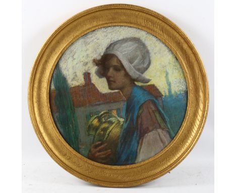 19th/20th century Continental School, coloured pastel portrait of a woman holding a jug, unsigned, framed, overall diameter 4