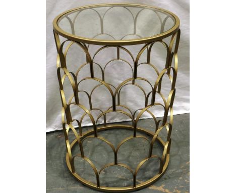 A contemporary cylindrical wrought iron lamp table with circular glass top, D: 42 cm, H: 58 cm. Not available for in-house P&
