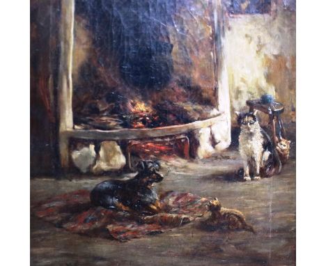William Murray Mackenzie (1840-1908): oil on canvas, farmhouse interior with cats by an open fire. P&amp;P Group 3 (£25+VAT f