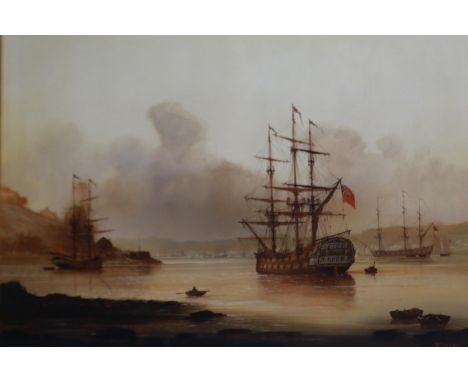 Les Jason Spence (B. 1934): oil on canvas, galleon anchored in a bay, 120 x 88 cm. tear to upper-right of canvas. Not availab