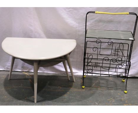Small painted 1960s Ercol dropleaf table, H: 40 x W: 60 cm, and a vintage musical themed Atomic style magazine rack, H: 66 x 