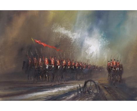 John Bampfield (B. 1947): oil on canvas, cavalry on horseback, 75 x 50 cm. P&amp;P Group 3 (£25+VAT for the first lot and £5+