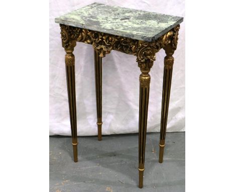 A 20th century gilt console or lamp table, with gilt wood support and green marble top, 46 x 30 x 76 cm H, some losses to woo