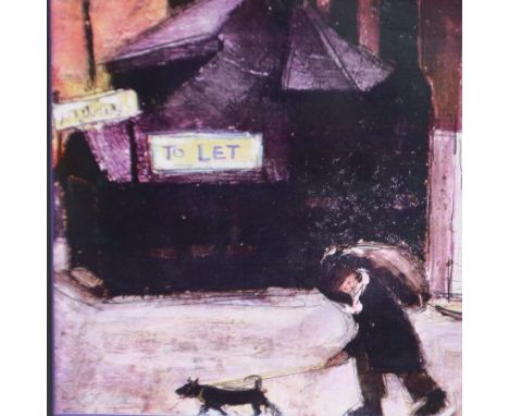 Harold Riley (b 1934): hand finished print, man walking his dog, 37 x 27 cm, unsigned. Not available for in-house P&PArtists 