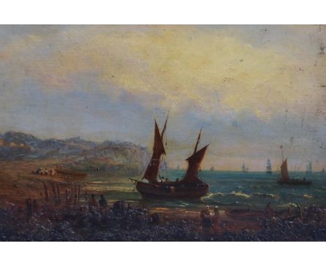 An unattributed 19th century oil on board, European port with figures, unsigned, 34 x 21 cm. P&amp;P Group 3 (£25+VAT for the