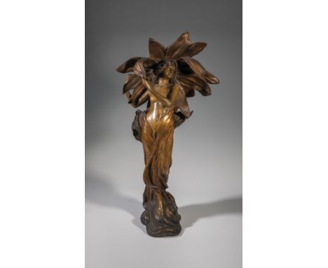 Stehender Frauenhalbakt (umgeben von wucherndem Blattwerk und Sonnenblume) E. Tell (Entwurf), Friedrich Goldscheider, Wien, u