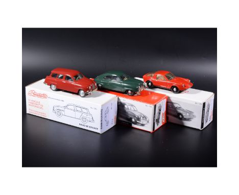 Somerville 1:43 scale white metal models; no.123 Saab 95 Estate in red, no.119 Saab 92 in green, no.125 Saab Sonett II in red