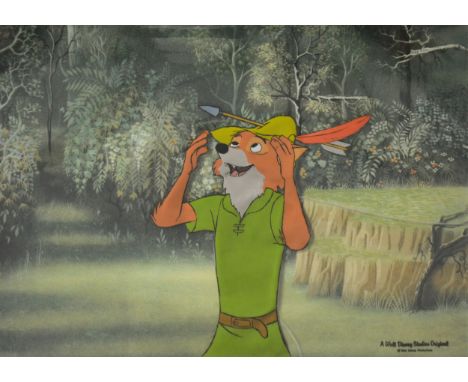 Walt Disney Studios, A celluloid production cel from Robin Hood, 1973, depicting a jovial Robin Hood with an arrow through hi