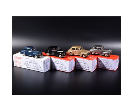 Somerville 1:43 scale white metal models; four no.149 Vauxhall Velox, in black, Bronze, met grey, met blue, boxed. (Qty: 4)