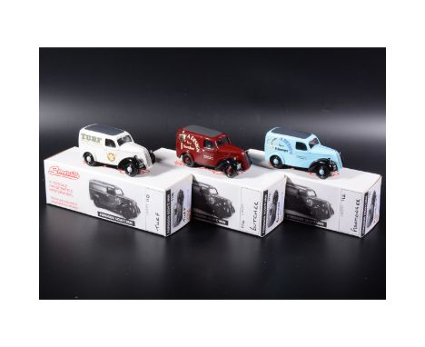 Somerville 1:43 scale white metal models; three Fordson 5CWT. Van with 'Butcher', 'Turf' and 'Fishmonger' transfers, boxed. (