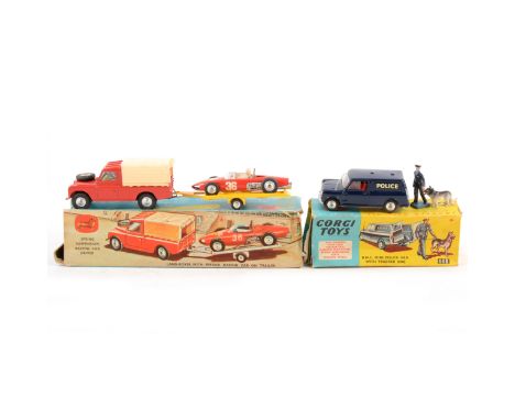 Corgi Toys; Gift Set 17 Land Rover with Ferrari racing car on trailer, no.448 BMC Mini Police van with man and dog, both boxe