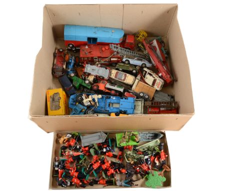 Die-cast models and vehicles; a tray of mostly Dinky and Corgi examples, loose toy soldiers by Britains and others, and other