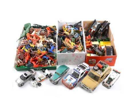 Britains, Timpo and other plastic toy soldiers, animals and figures, along with a selection of die-cast models, including Spo