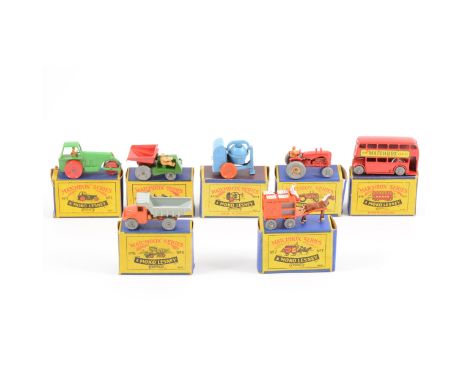 Matchbox Toys; no.1 to no.7 including, road roller, dump truck, cement mixer, Massey Harris tractor, double decker bus, tippe