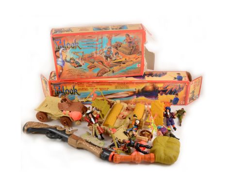 Hook toys by Mattel; a selection of loose figures, Catapult boxed, gun, and an empty box for a sword.